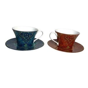 222 FIFTH Set of 2 Eva Opulent Blue & Red Porcelaine Fine China Cup & Saucer Set